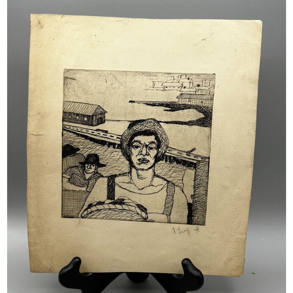 Art Pen and Ink Washer Woman 2 Men Background Signed Pencil 6 x 6 /10x8.75 Ins.